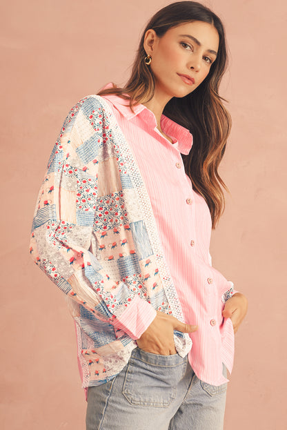 Side view of a pink floral patchwork long sleeve shirt.