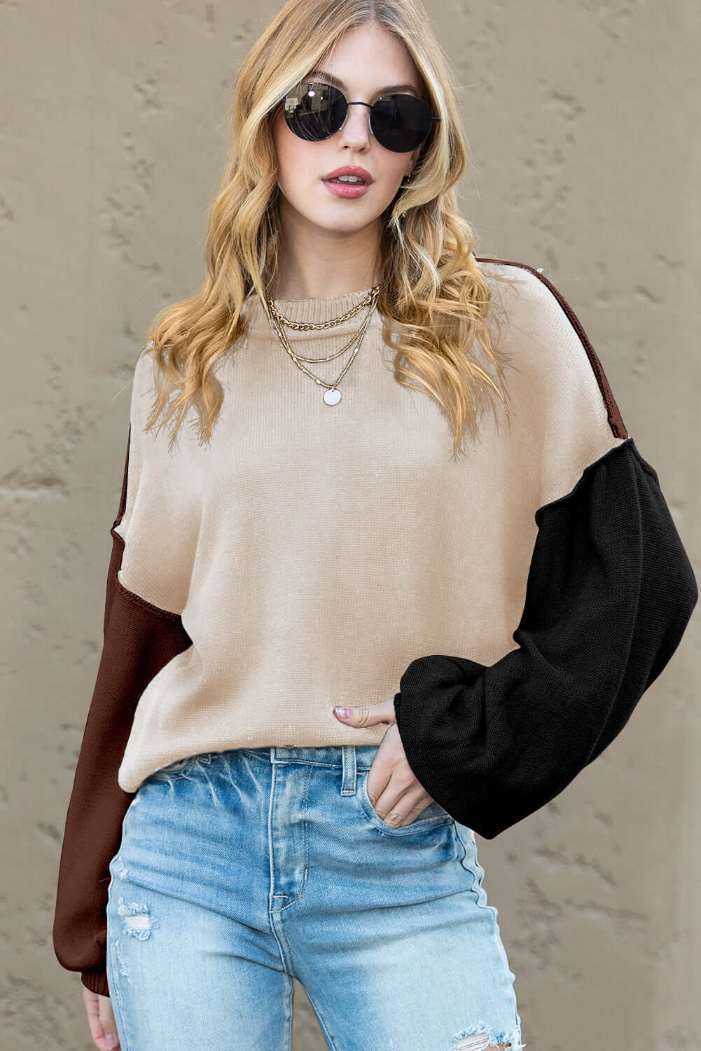 Trendy Women's Knit Jumper – Brown & Beige Colour Block - Catherine Martin