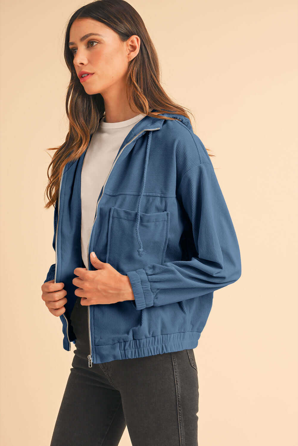 Women's Aussie Chill Blue Hoodie. Side view.