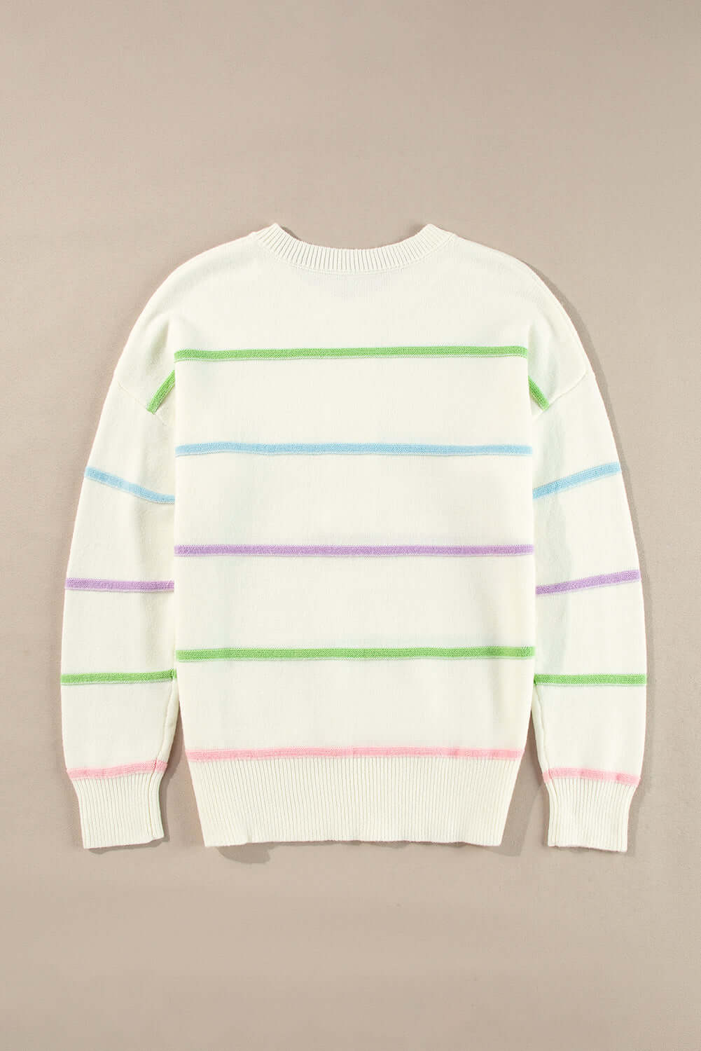 Striped Button Front Knit Jumper for Ladies. Back view, flat lay.