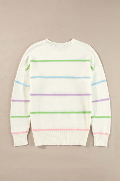 Striped Button Front Knit Jumper for Ladies. Back view, flat lay.