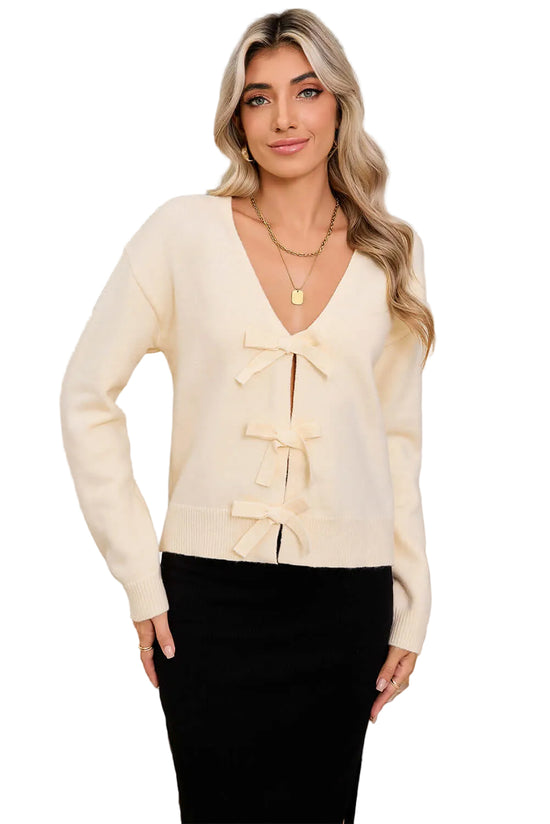 Women's Beige V-Neck Knit Cardigan with Bows - Catherine Martin