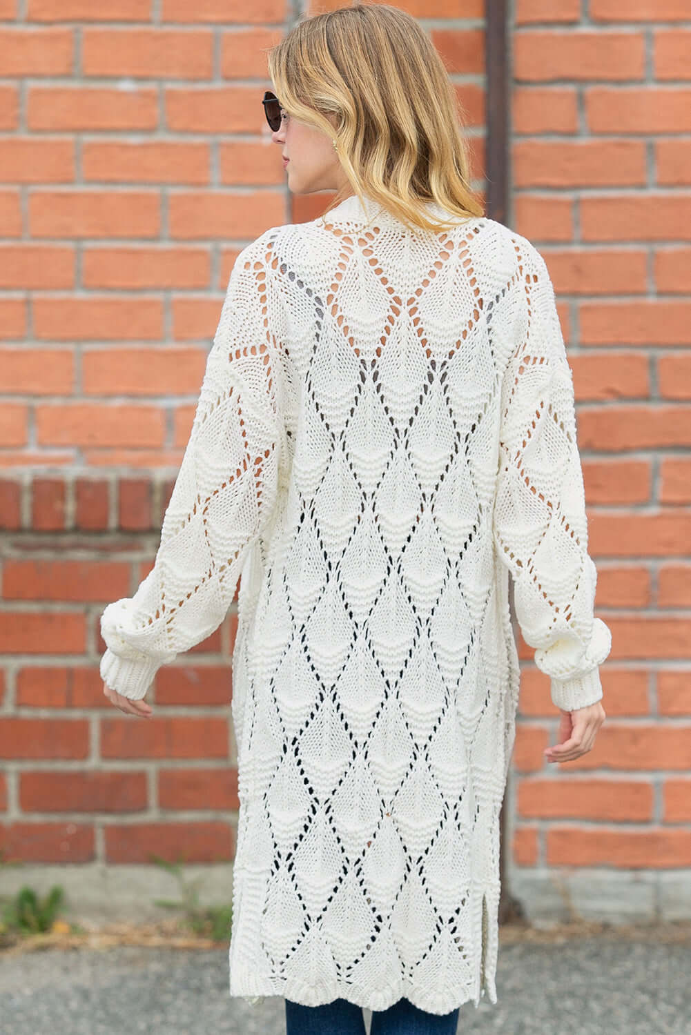 Women's White Hollow Knit Longline Cardigan. Back view.