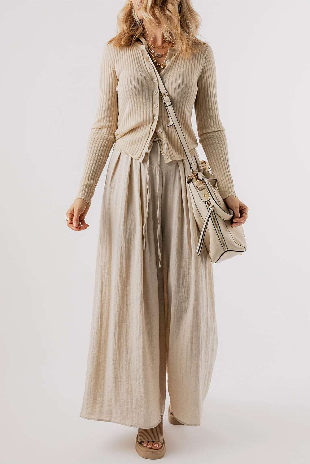 Beige Pleated Wide Leg Pants - Catherine Martin