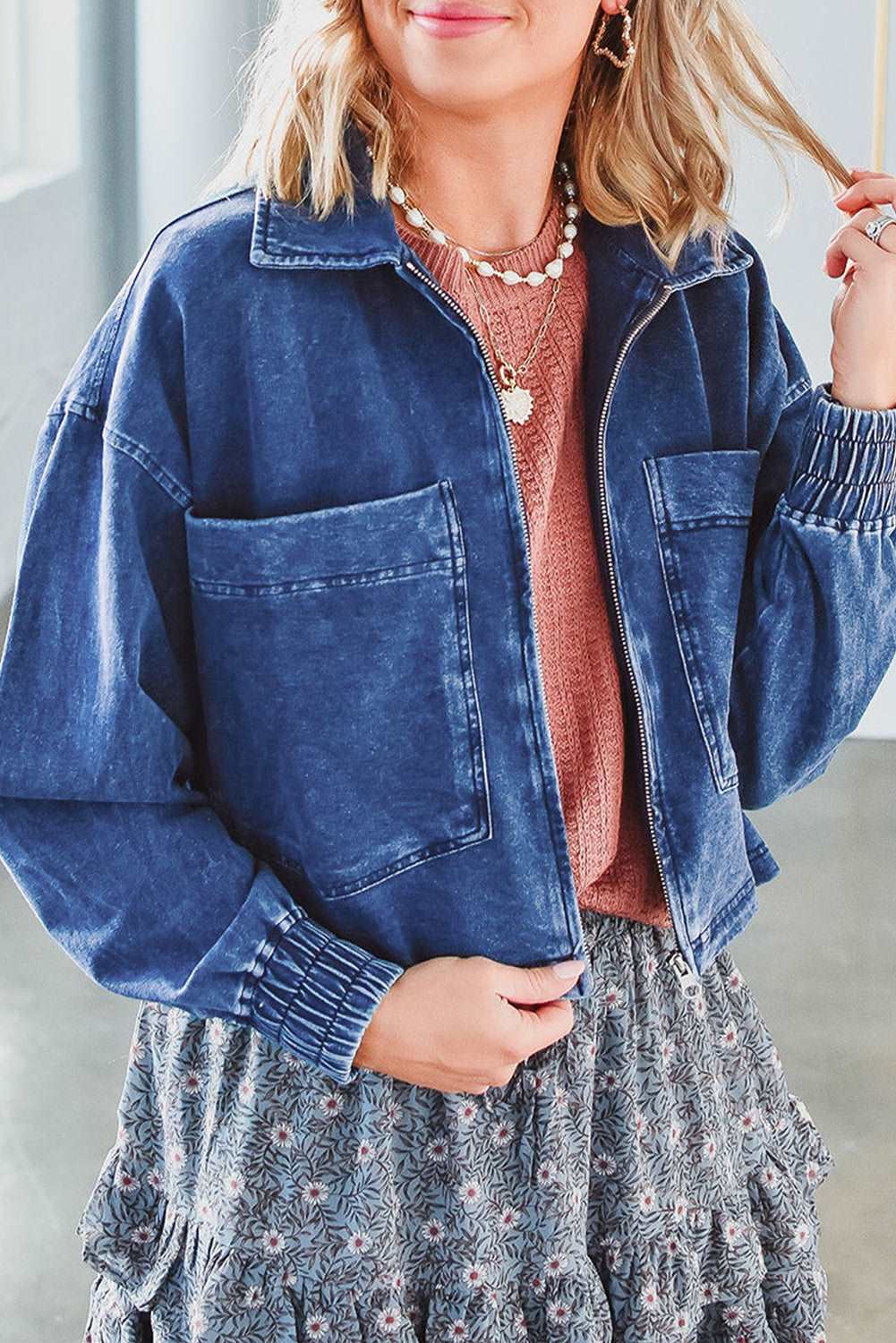 Blue Denim  Crop Jacket Large Pockets 