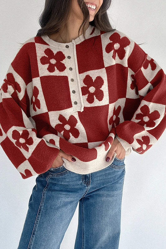 Floral Checkered Henley Sweater