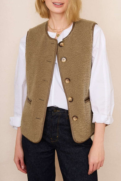 Camel Fleece Button Vest with side pockets