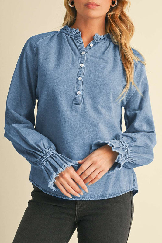 Sky Blue Frilled Hem Denim Top - Catherine Martin