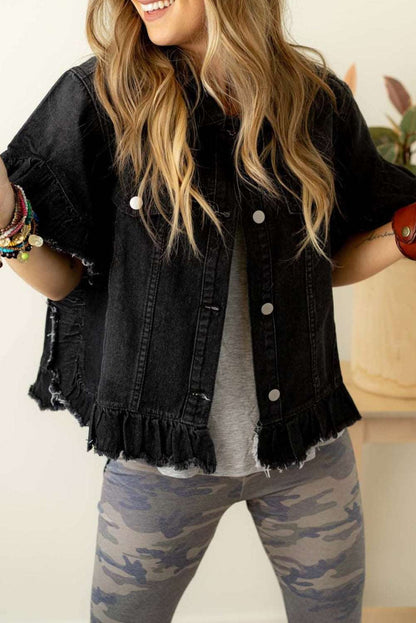 Black Denim Jacket Ruffle Sleeve - Catherine Martin