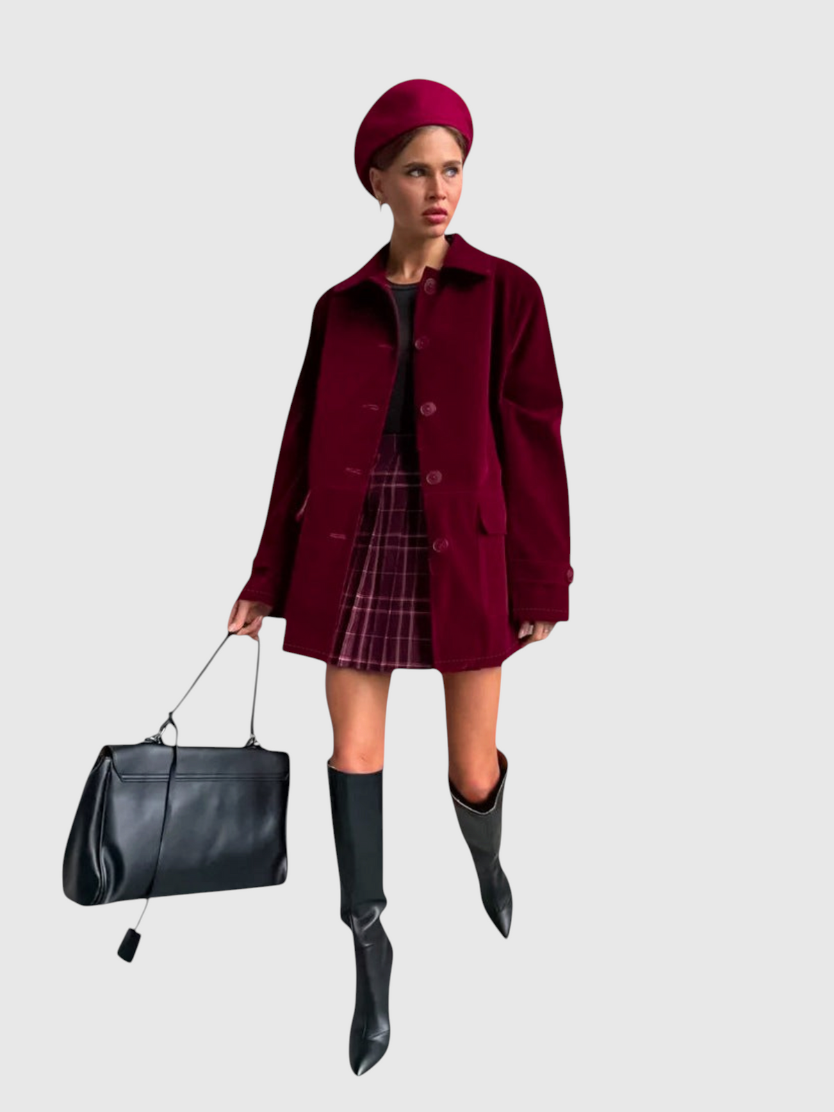 Catherine Martin burgundy oversized velvet jacket with flap pockets, worn by a model with a matching beret and boots.