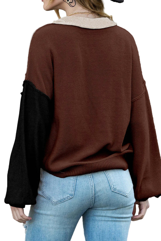 Back view of a soft knit jumper with elegant bishop sleeves in autumn hues
