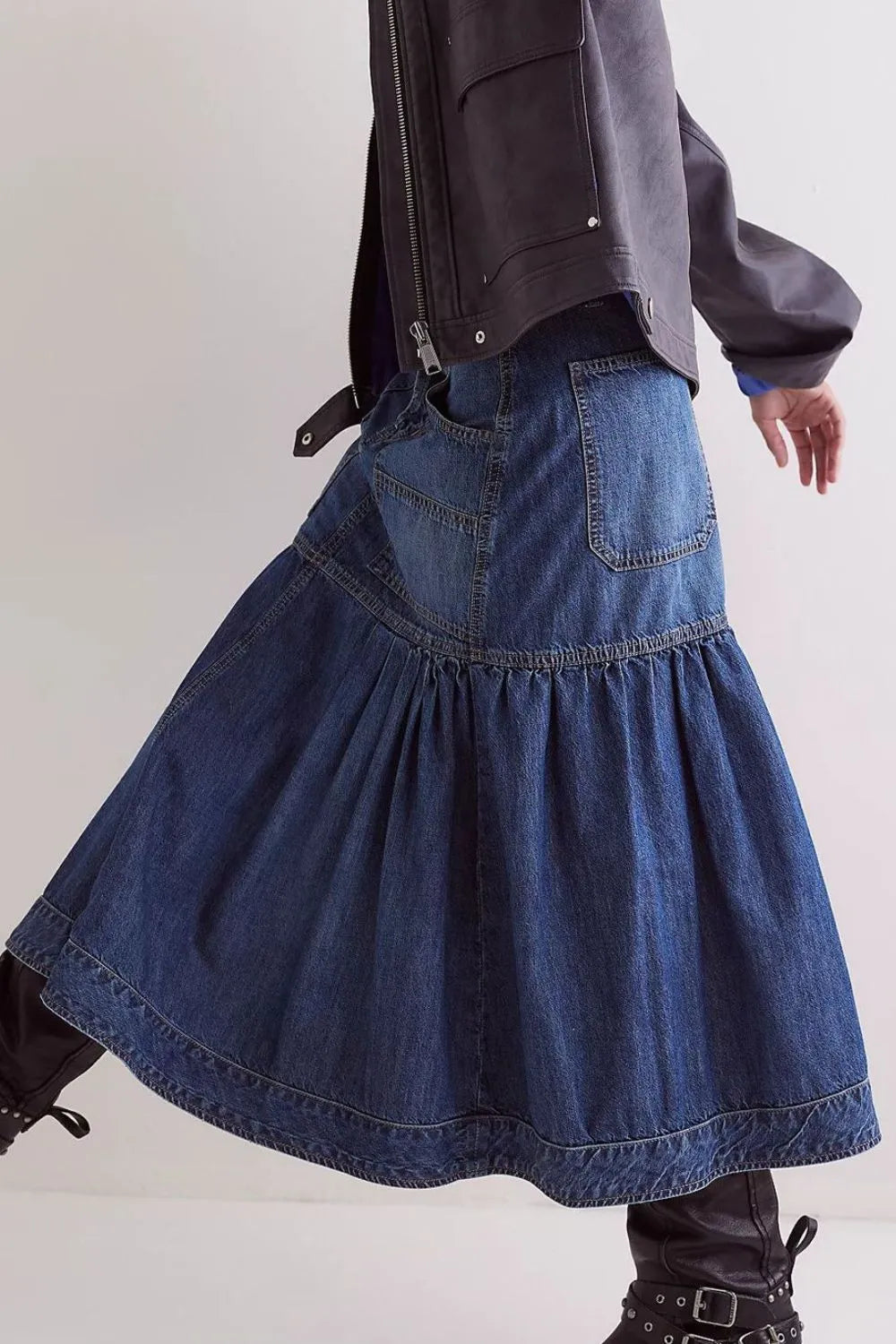 Tiered Pleated Denim Midi Skirt