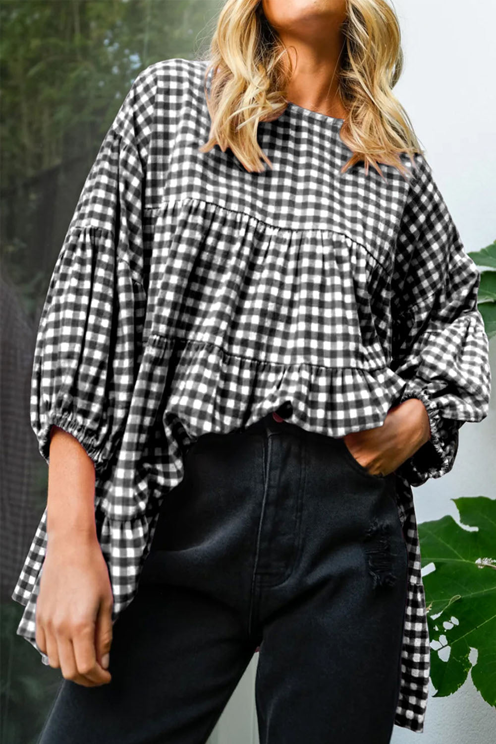 Black Plaid Tiered Oversized Blouse - Catherine Martin