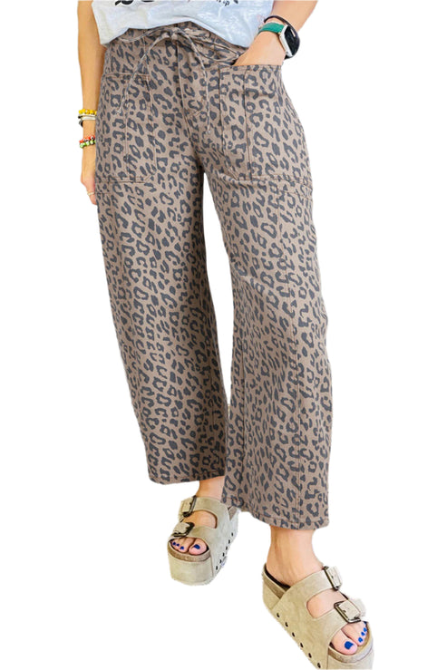Wide Leg Leopard Jeans Women's - khaki colour, front view.