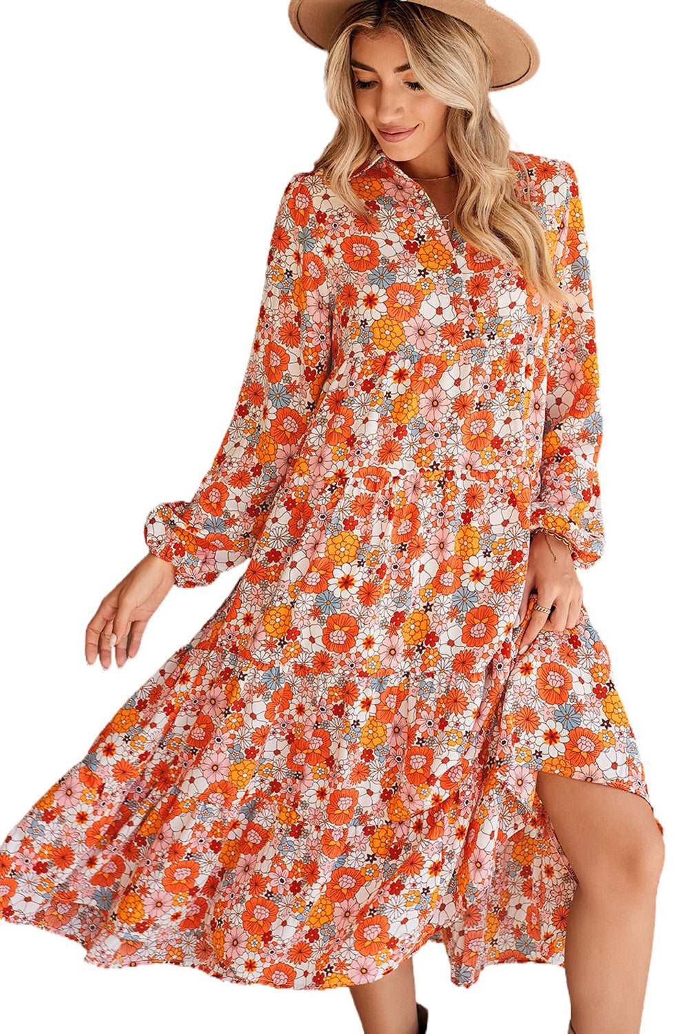 Multicolor Boho Floral Collared Long Sleeve Dress - Catherine Martin