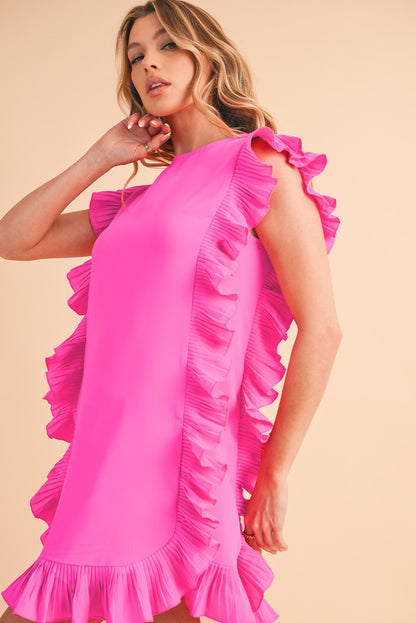 Front view of bright pink short-sleeve dress with elegant ruffle details on a model, perfect for spring and summer special occasions.