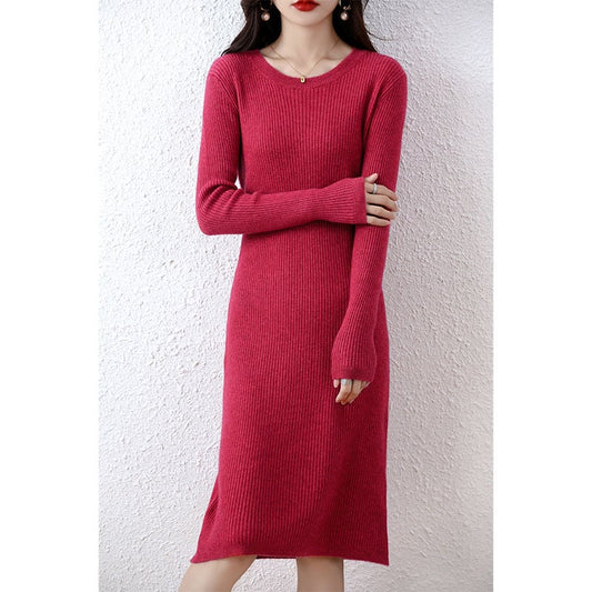 Red knit dress worn by a person against a white background