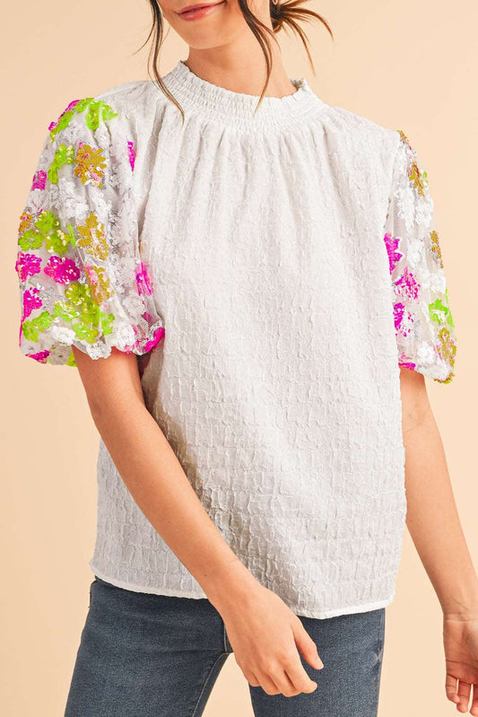 White Top Sequin Flower Sleeve