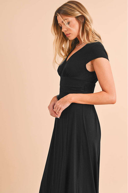 Black Deep V Neck A-line Dress