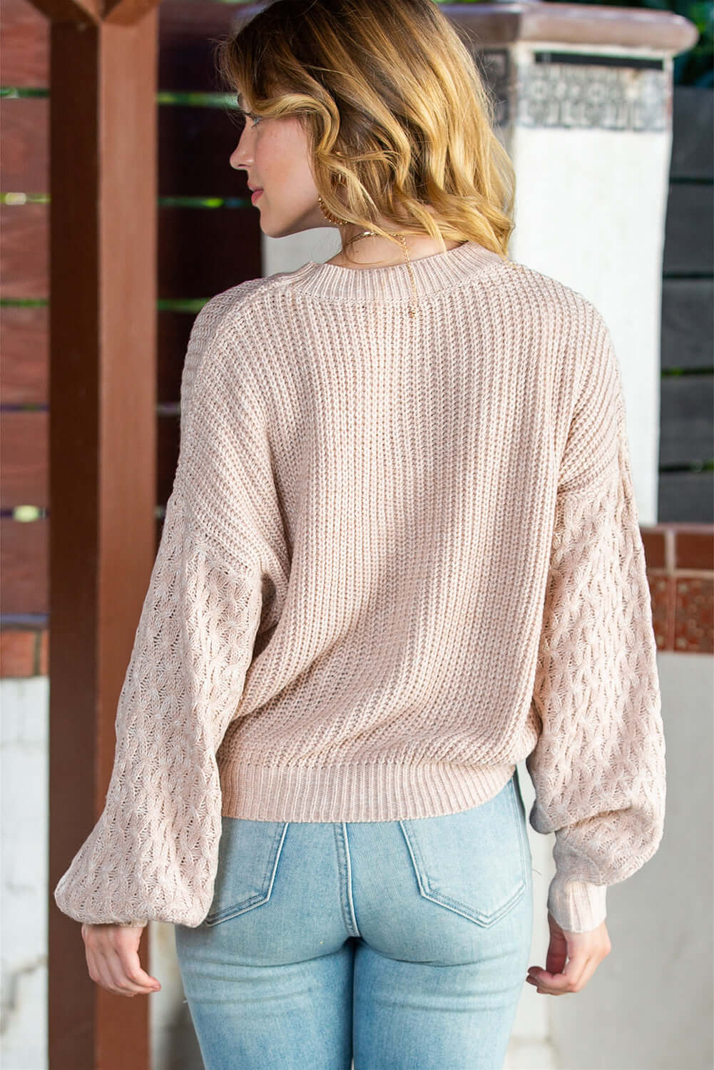 Women Chunky Knit Pullover – Neutral Tones. Beige colour. Back view.