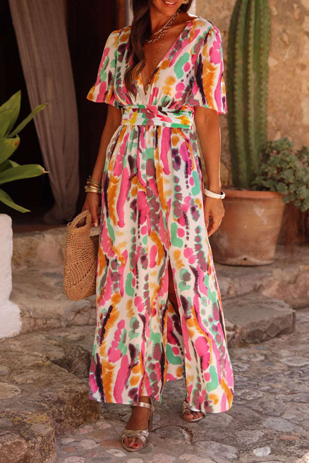 Pink Tie Dye Split Maxi Dress