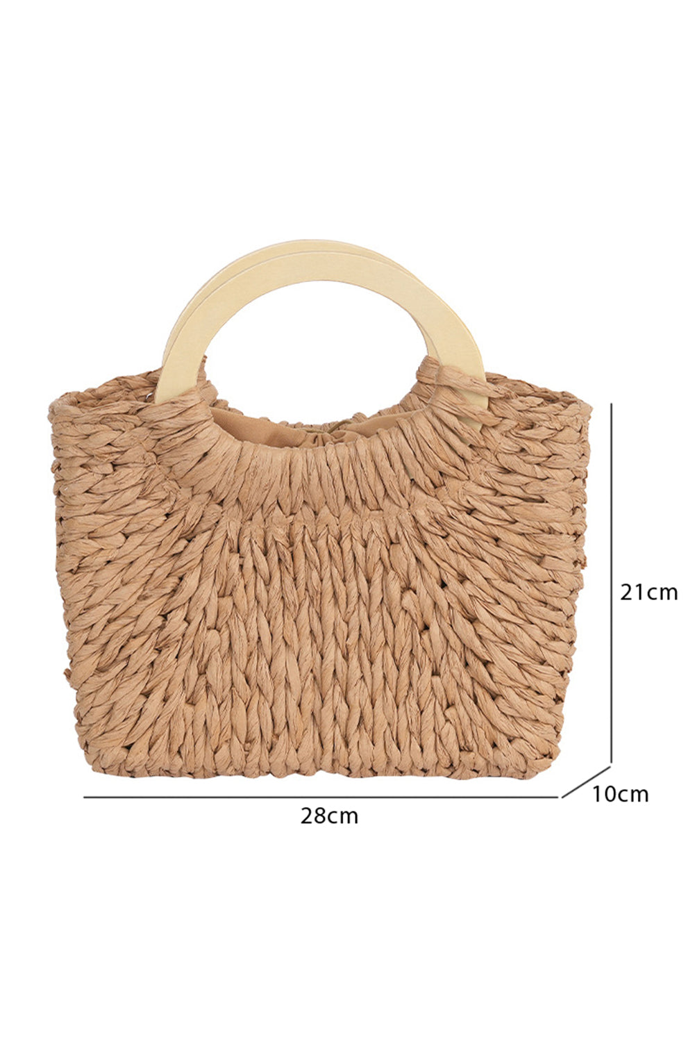 Beige woven handbag with wooden handle and dimensions on a white background