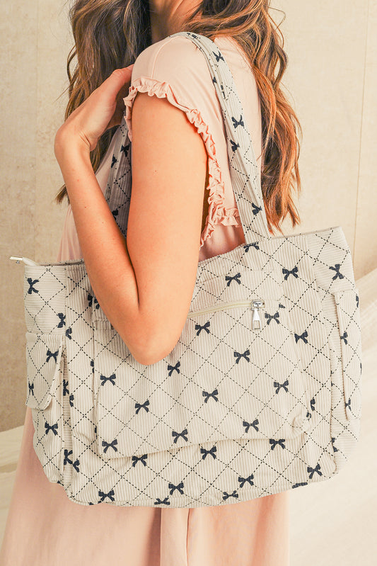 Everyday Tote with Cute Bow Print. Front view, closed up.
