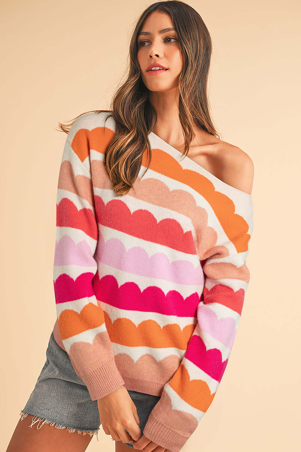 Women's Rose Red Striped Jumper. Front view.