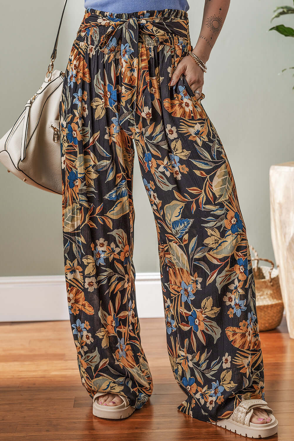 Lightweight viscose wide-leg pants with a vibrant floral print for effortless Aussie fashion.