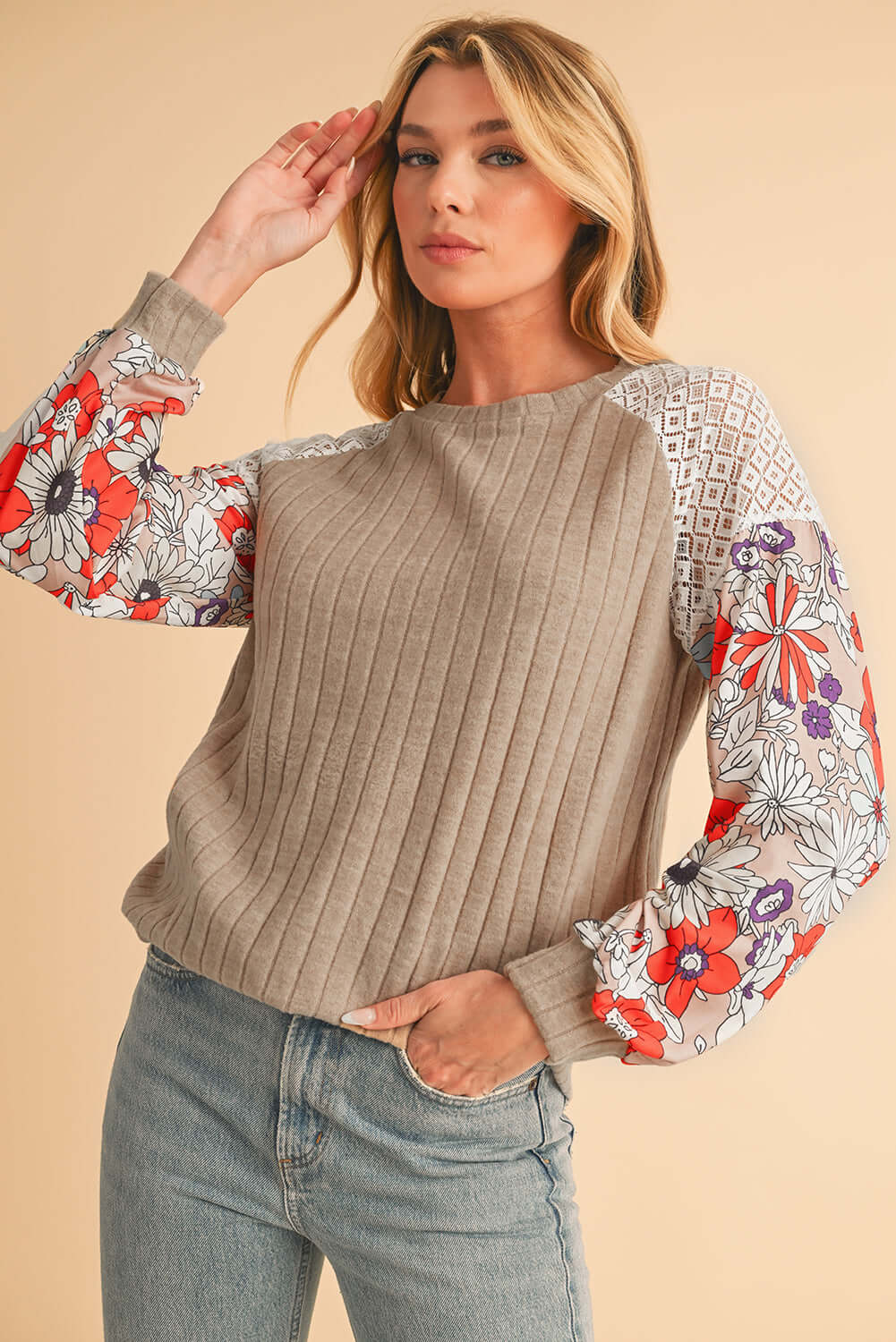 Floral Sleeve Waffle Knit Pullover - Catherine Martin