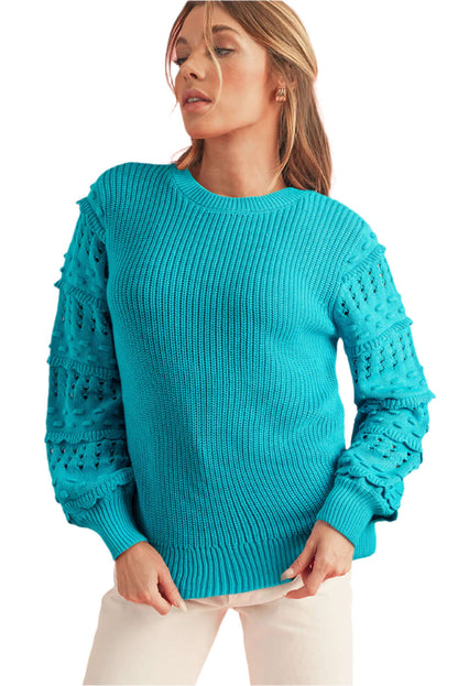 Turquoise Textured Sleeve Knit Jumper. Long sleeve. Front view.