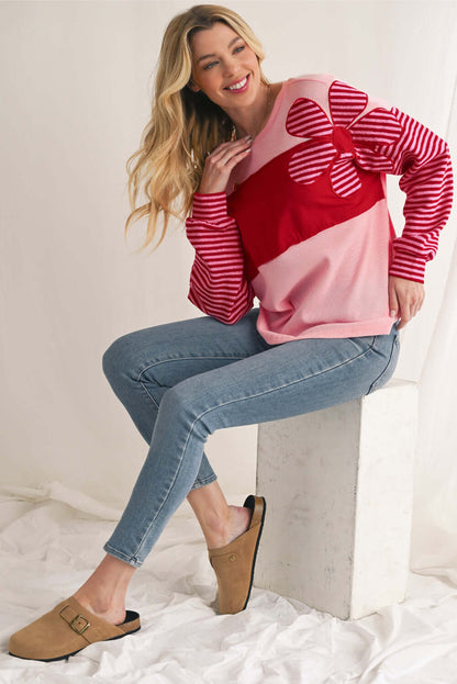 Red Pink Waffle Top with Flower Details - Catherine Martin