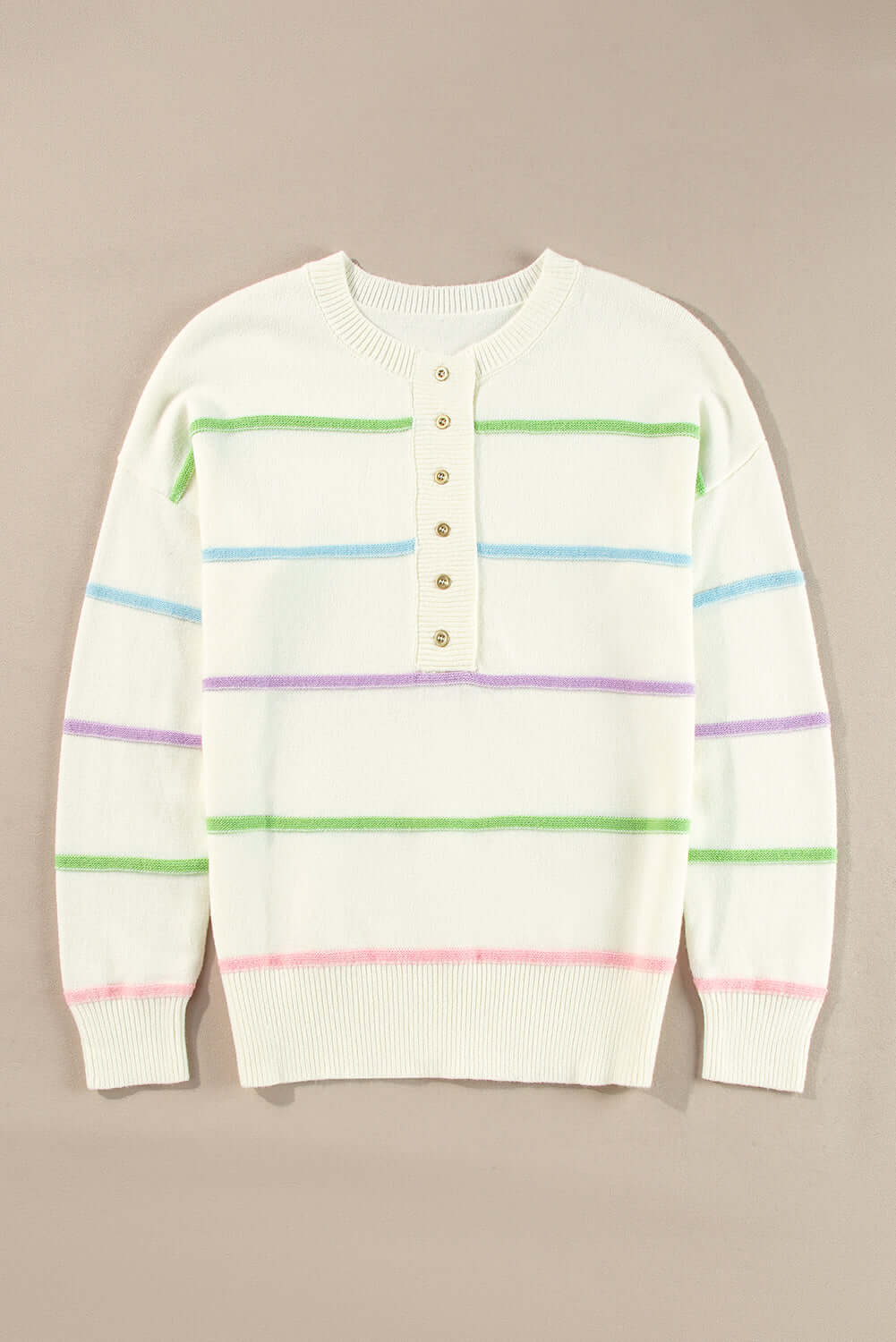 Striped Button Front Knit Jumper for Ladies. Front view, flat lay.