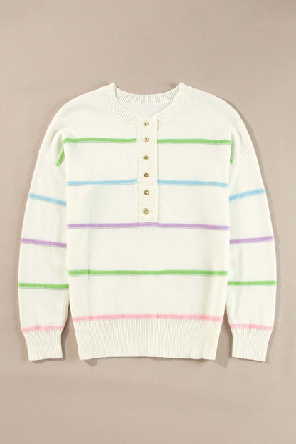 Striped Button Front Knit Jumper for Ladies. Front view, flat lay.