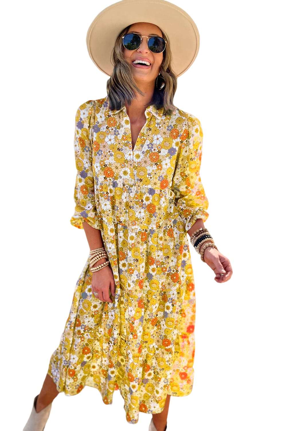 Multicolor Boho Floral Collared Long Sleeve Dress - Catherine Martin