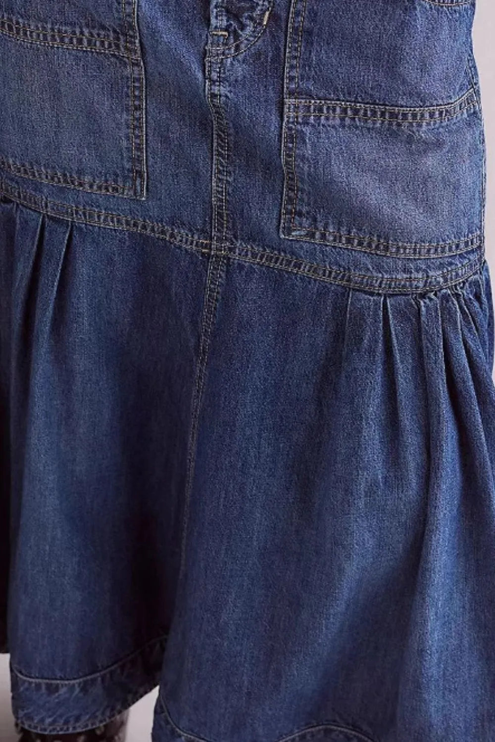 Tiered Pleated Denim Midi Skirt