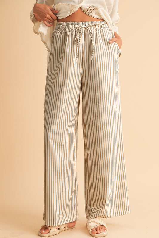 Khaki Striped Drawstring Waist Loose Pants - Catherine Martin