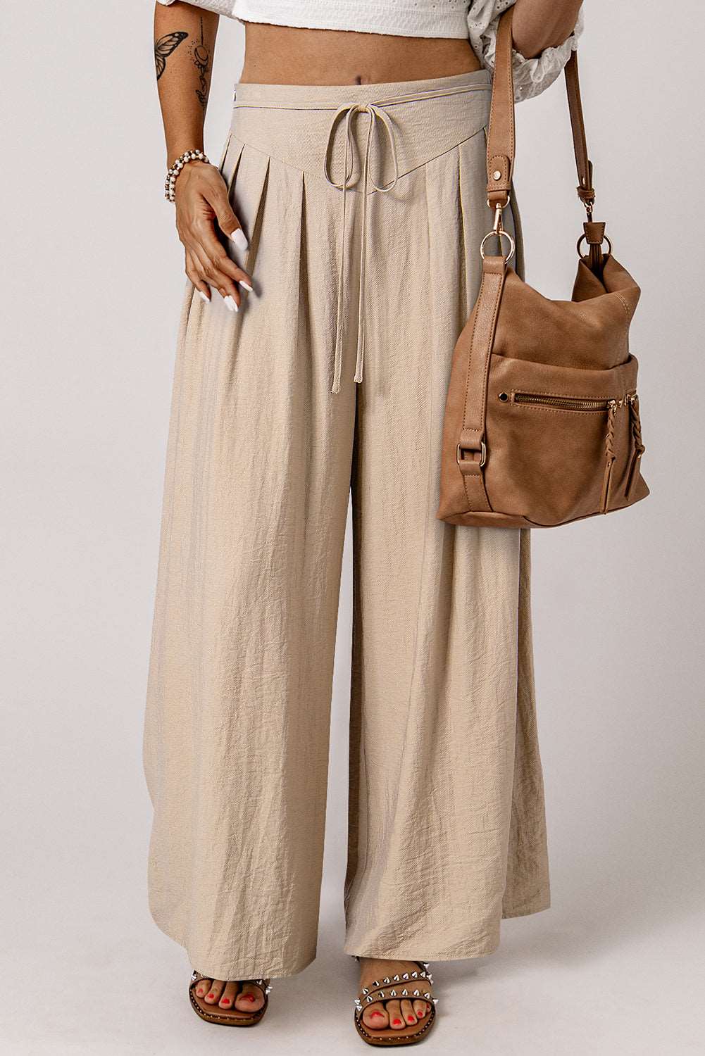 Beige Pleated Wide Leg Pants - Catherine Martin