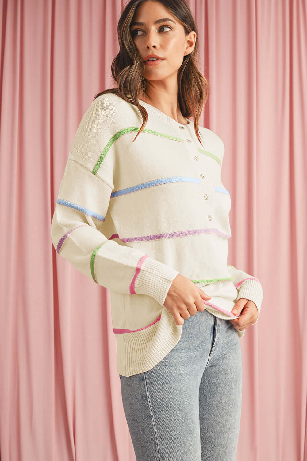Striped Button Front Knit Jumper for Ladies. Side view.