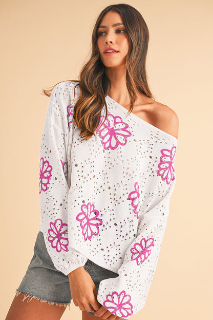 Beige Flower Print Hollow Knit Sweater  - Catherine Martin