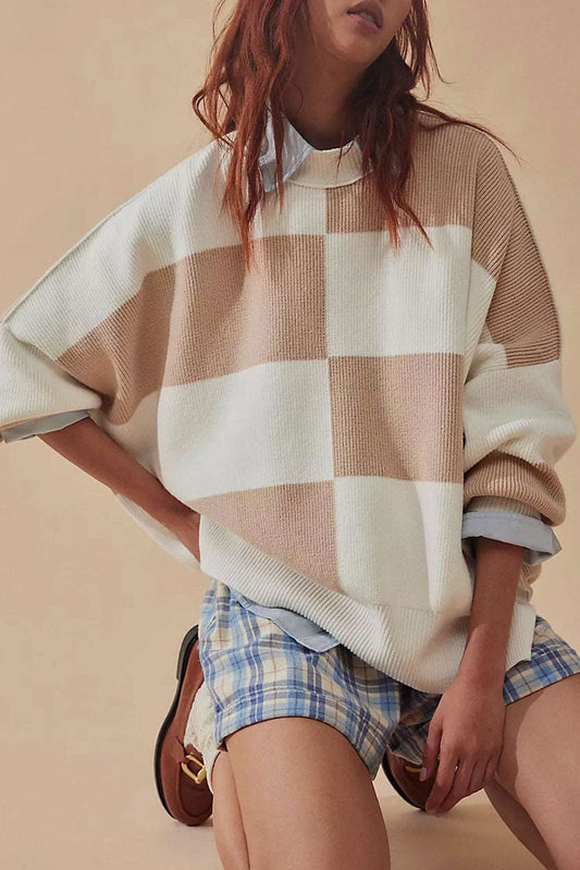 beige and brown knit sweatshirt