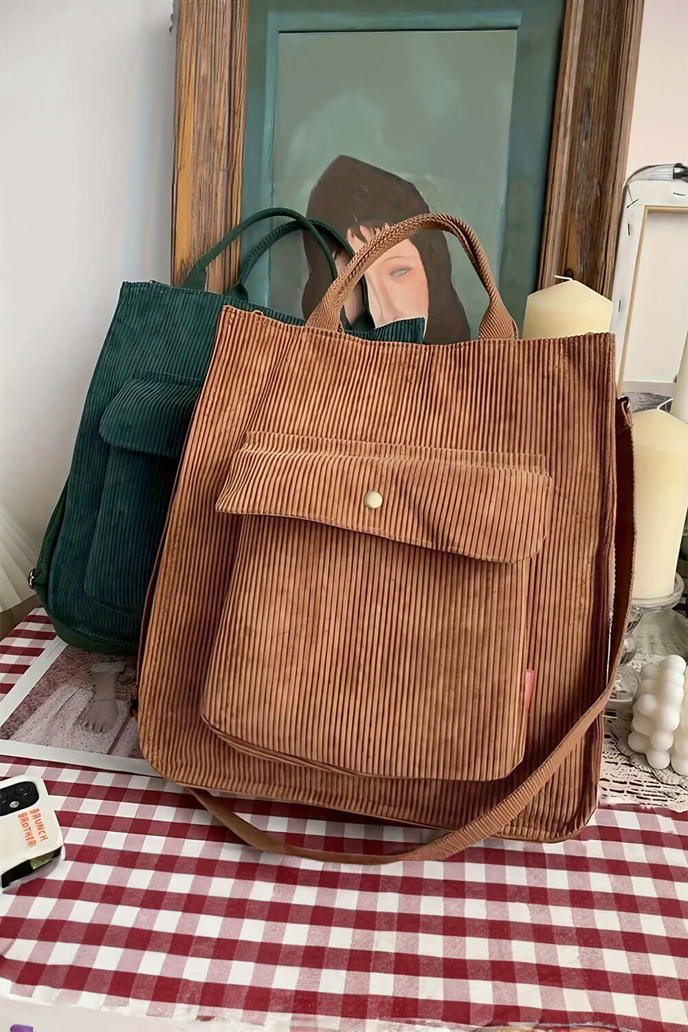 Stylish chestnut corduroy shoulder bag with detachable strap, perfect for everyday Aussie fashion.
