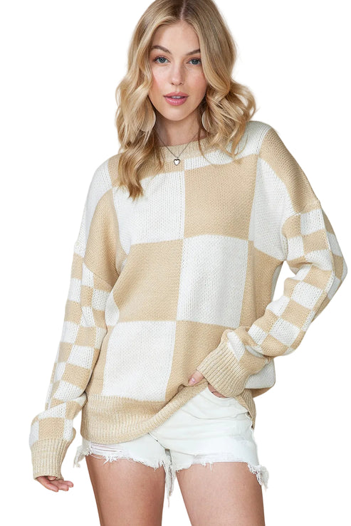 Ladies Beige and White Check Knit Jumper. Front view.