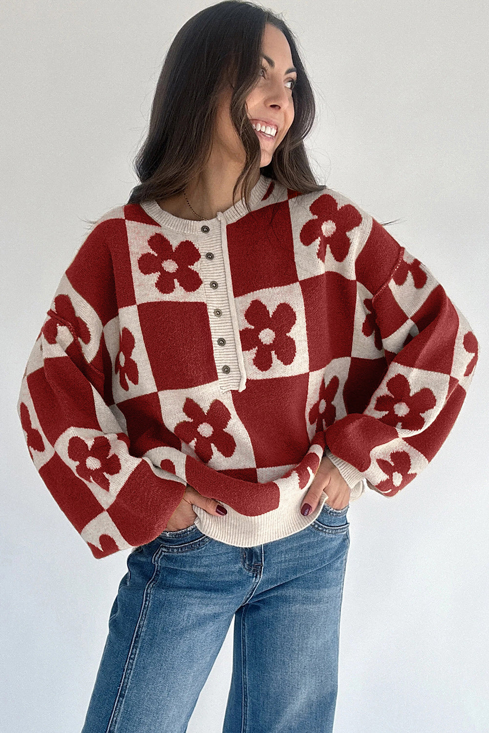 Floral Checkered Henley Sweater