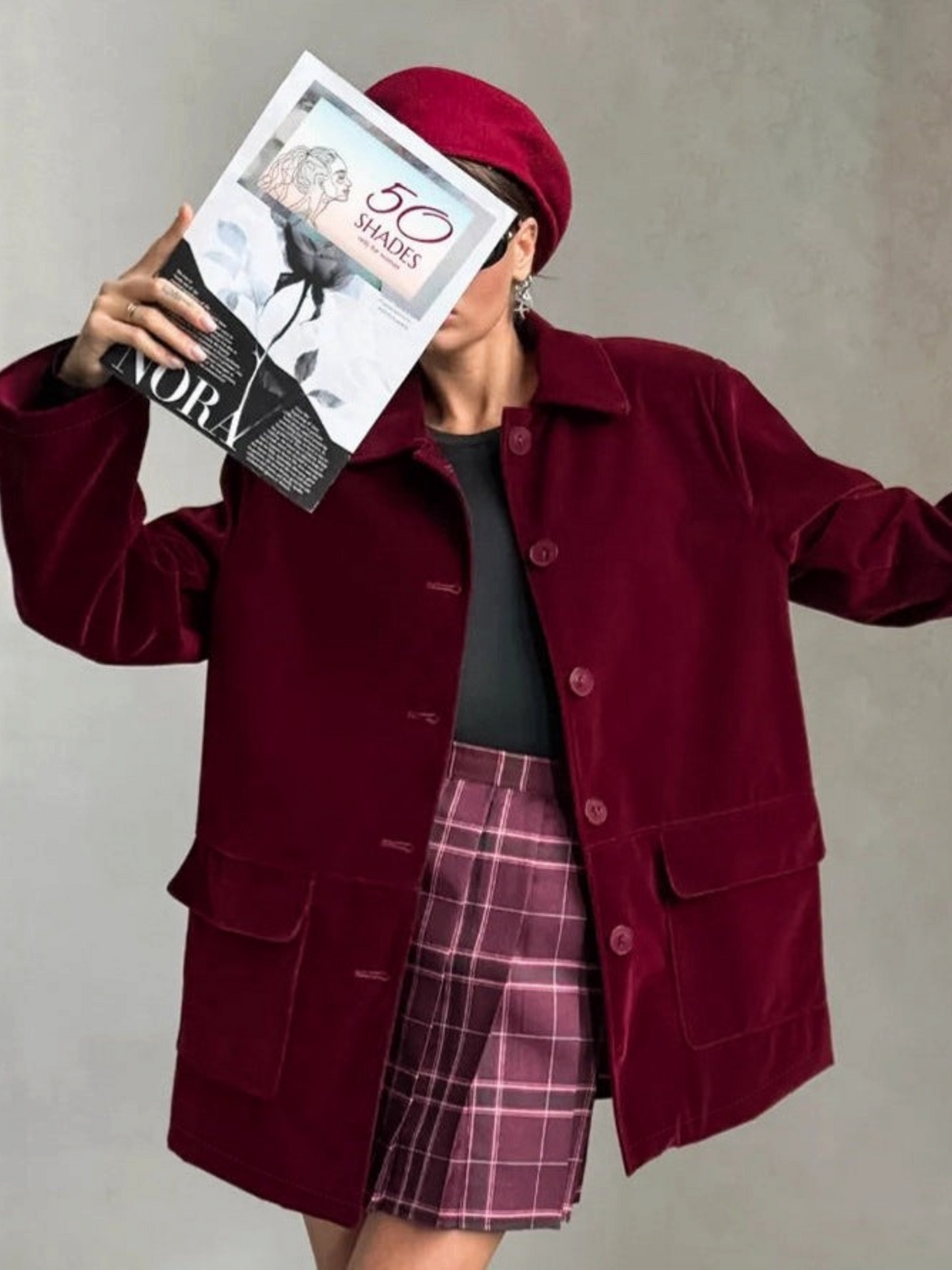Catherine Martin burgundy oversized velvet jacket with front flap pockets, spread collar, and tonal button closure.