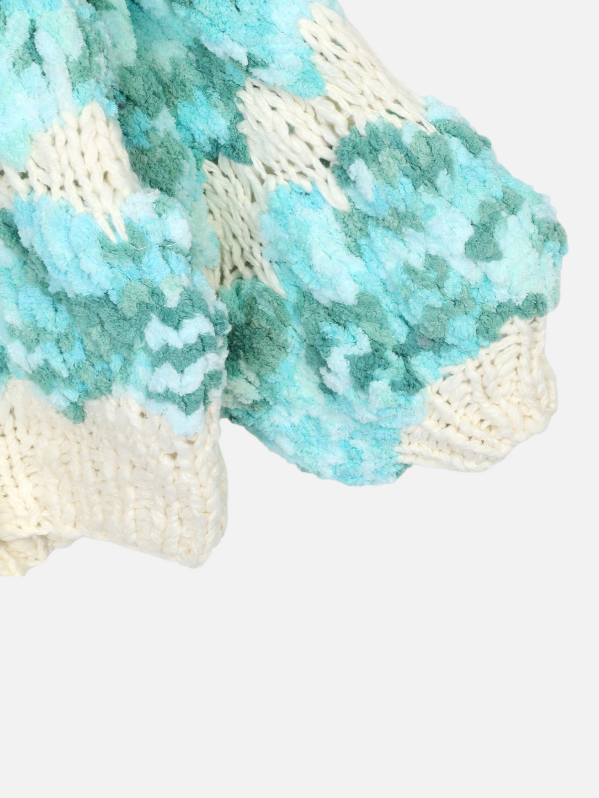 Catherine Martin fluffy wool knit cardigan sleeve in mint, teal, and cream with a textured scallop pattern