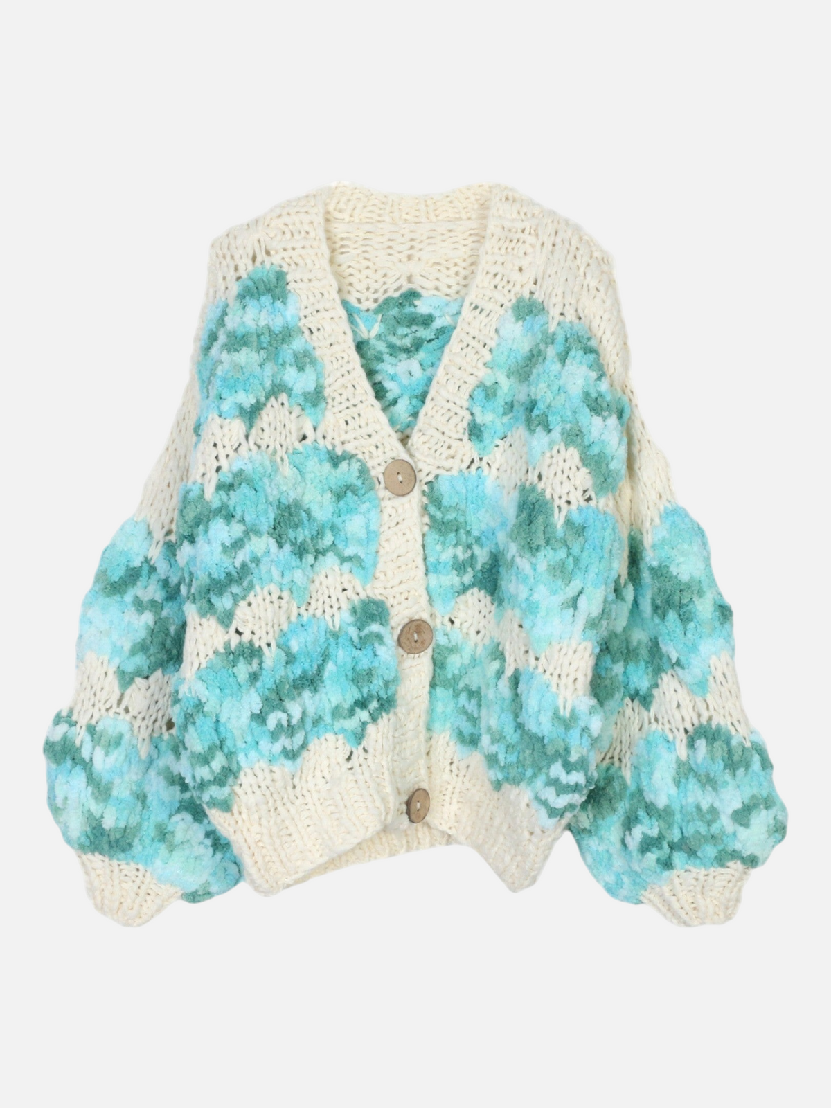 Catherine Martin oversized wool knit cardigan in cream with a textured mint and teal scalloped pattern and buttons.