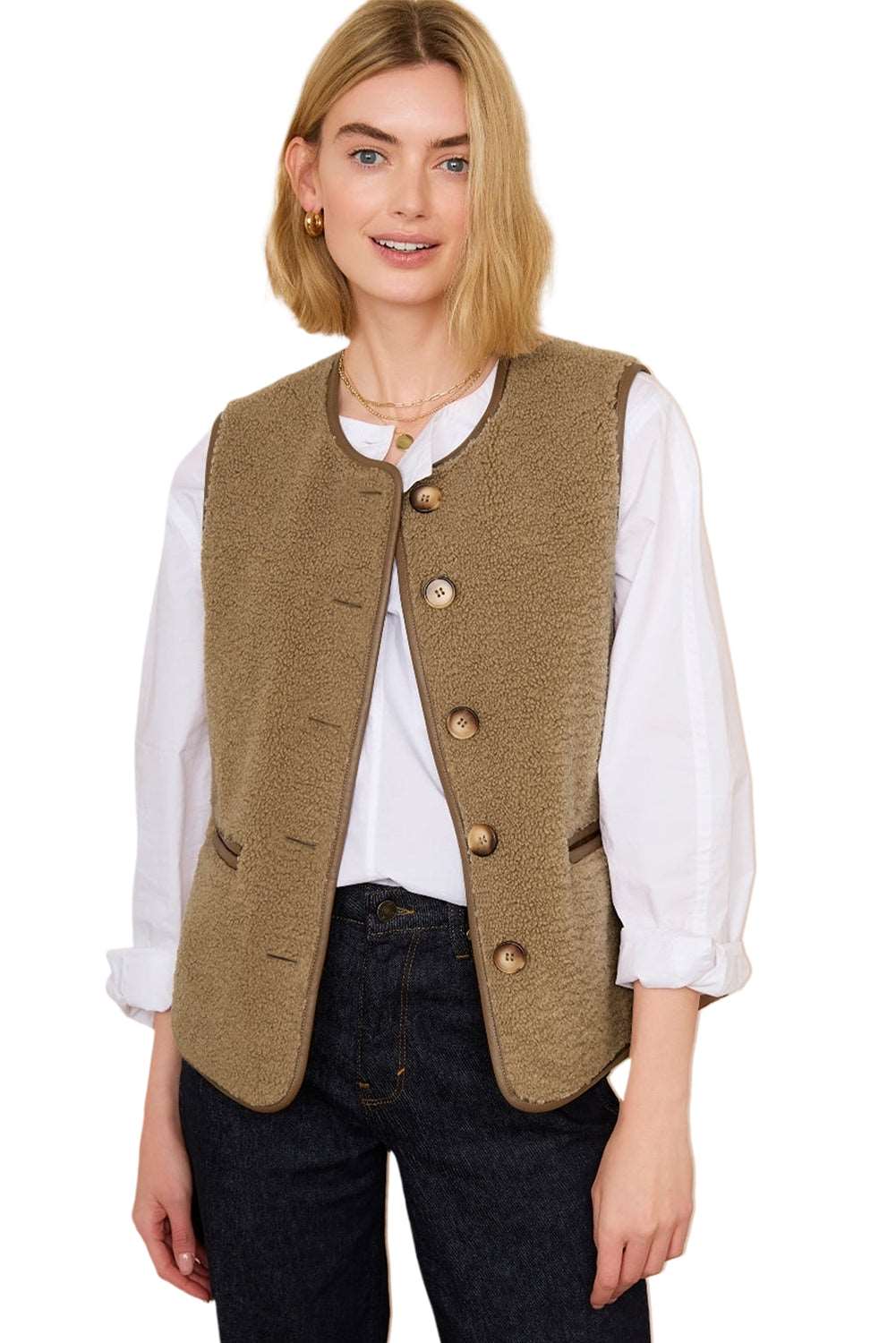 Camel Fleece Button Vest - Catherine Martin