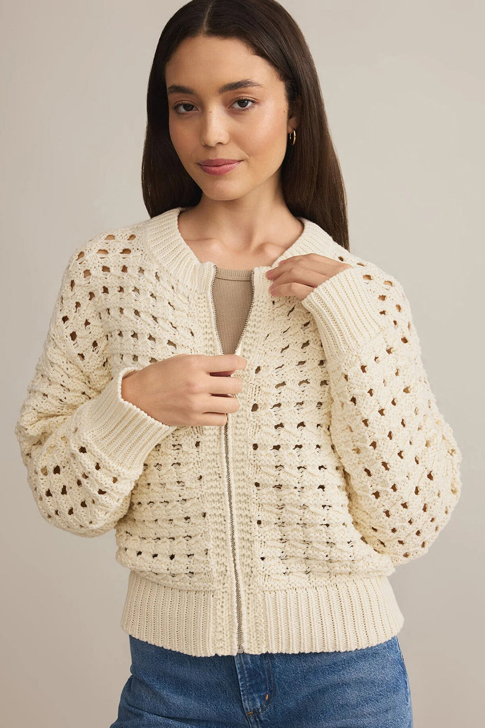 Open-Knit Zip-Up Cardigan