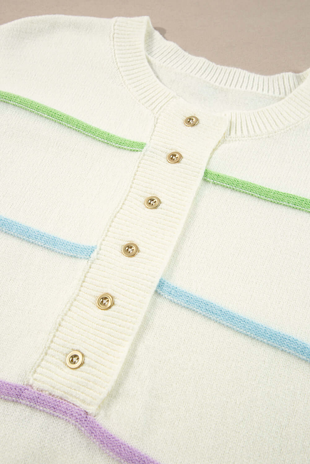 Striped Button Front Knit Jumper for Ladies. Neckline view, flat lay.